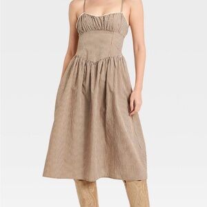 Beige Gingham Corset Midi Dress with Spaghetti Straps